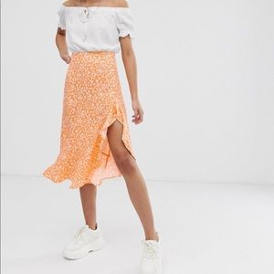 Bershka Orange Floral Midi Skirt